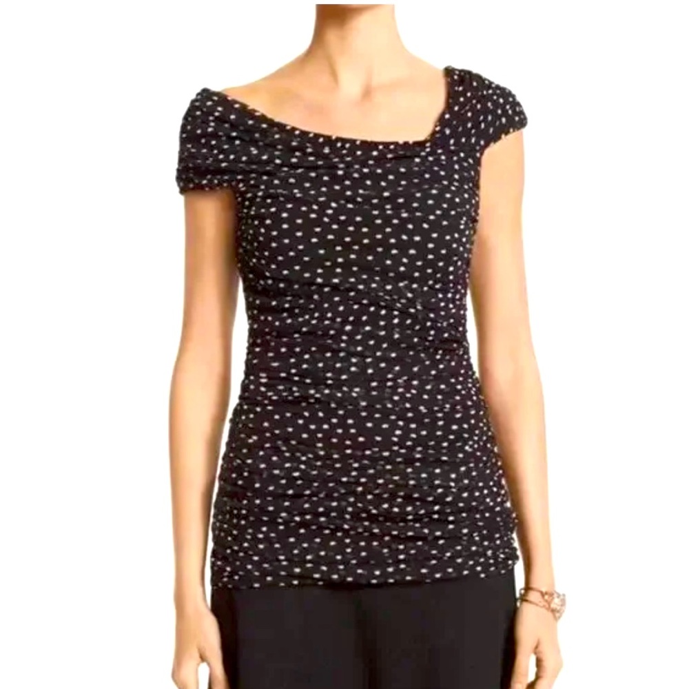 White House Black Market -NWT 🆕 Black & White Polka Dot Mesh Knit Top | Blouse